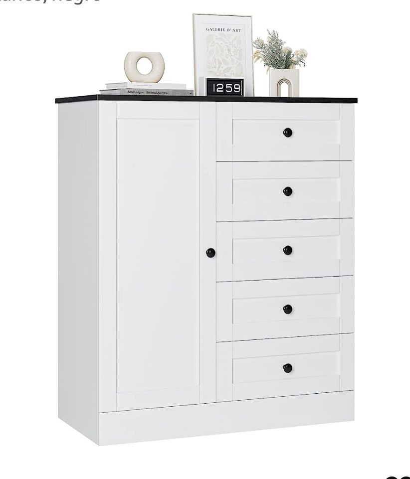 5 Drawer Chest with Door, White Storage Cabinet with Drawers and Shelves, Modern Closet Organizers for Bedroom, Living Room, Kitchen, Hallway, White/B