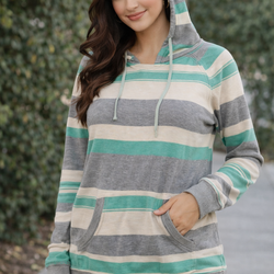 Mint & Gray Striped Hoodie – Anchor Blue – Medium – Cozy Spring Layer