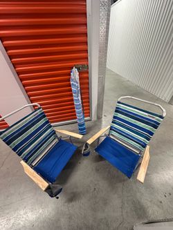 Beach chairs, and umbrella