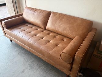 Mid-Century Modern Tan Leather Sofa
