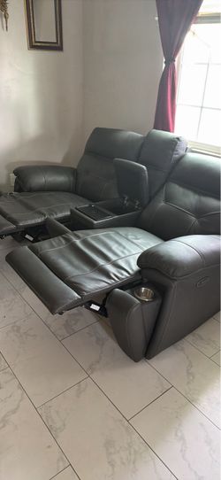 Gray Leather Power Recliner Loveseat