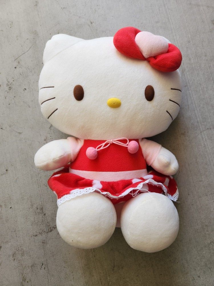 Rare Hello Kitty Red Polka Dot Dress Bow w/ Pink Heart Plush