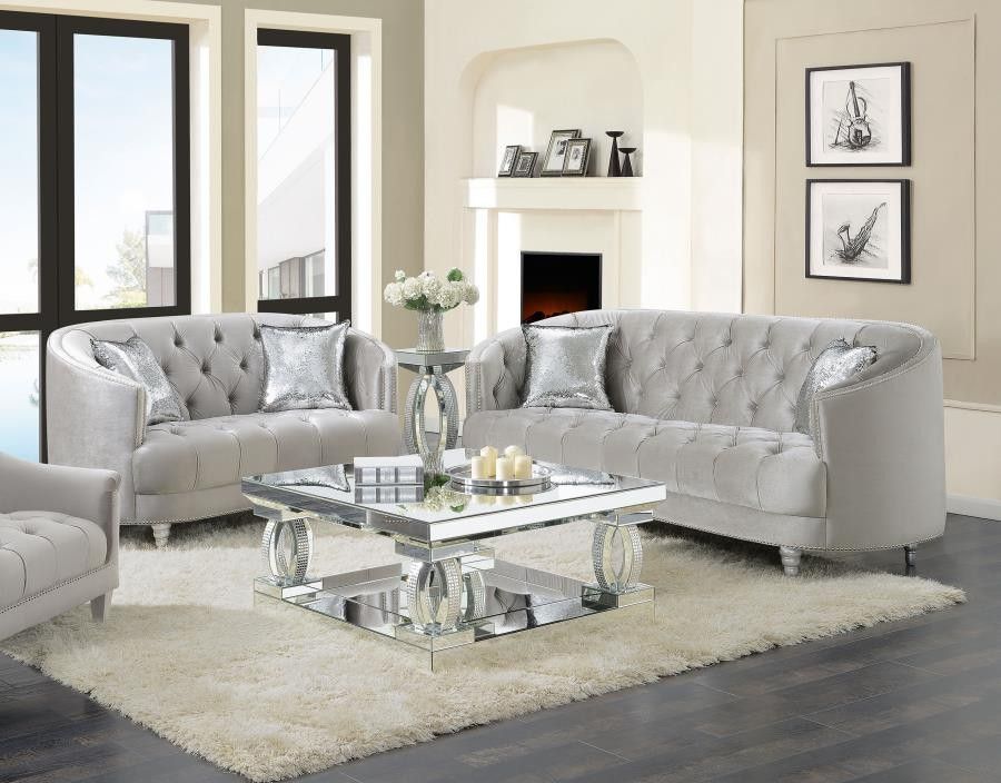 New Avonlea 2 PC Sloped Arm Sofa Set Grey Velvet
