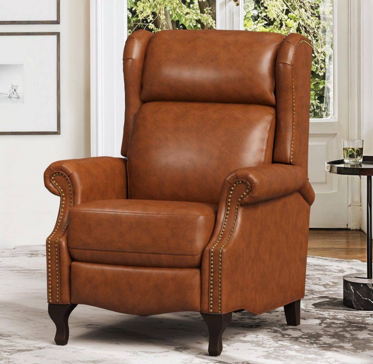 Balderich Mid-Century 35 in. Camel Genuine Leather Recliner Armchair with Nailhead Accents