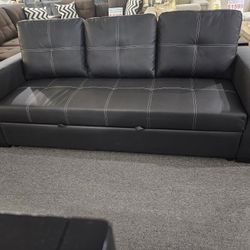 Brand New Black Faux Leather Sofa Sleeper (Sofa: 85" x 32" x 33"H ; Sofa w/ Pull-out Bed: 85" x 57" x 33"H)