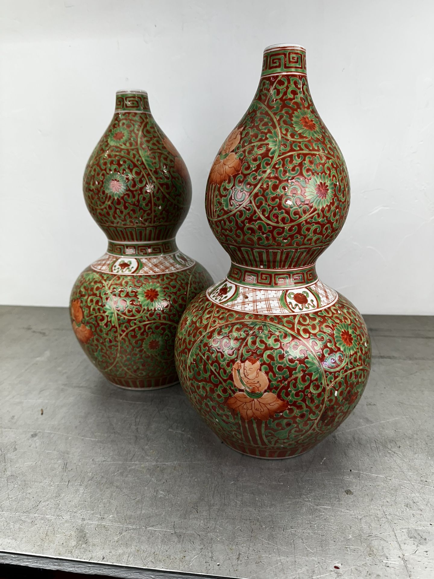 Pair Of Chinese Famille Rose Porcelain Garlic Gourd Shaped Vases Xuande Mark