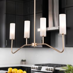Modern Brass 4-Light Chandelier – Kitchen Island & Dining Room Pendant Light with Frosted Glass Shades