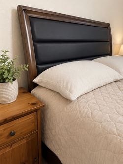 Faux, leather, dark wood, queen sized bedframe