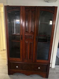 Antique Wood Display Cabinet with Glass Doors