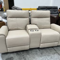 Italian Leather Loveseat Console Bryant P2 Taupe Beige