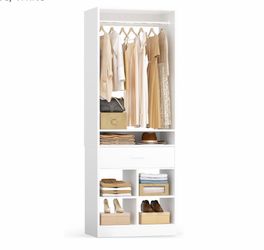 1902b  Freestanding Closet System with Wood Drawer and 4 Cubby Storage, Closet Organizer with Hanging Rods & Shelves, 25" W X 80" H Clothes Garment Ra