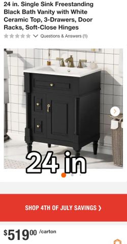 24 in. Single Sink Freestanding Black Bath Vanity with White Ceramic Top, 3-Drawers, Door Racks, Soft-Close Hinges
