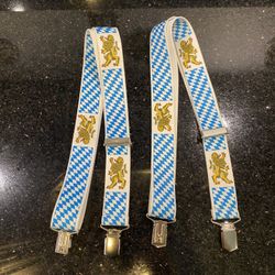 Bavarian Suspenders 4 Sturdy Clips Braces Golden Lions Blue-and-white Diamond