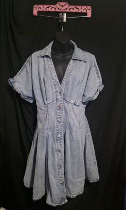 Light Wash Denim Shirt Dress | Plunge V-Neck Pleated Fit & Flare