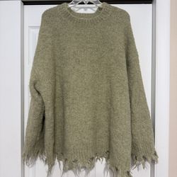 POL Oversized Comfy Green Fringe Hemline Sweater - Size Large