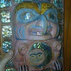 Northwest Coastal NATIVE AMERICAN TRIBAL HEADDRESS FRONTLET PLAUQUE WOOD ABALONE AND PAINT HAND CARVED SIGNED NUMBERED