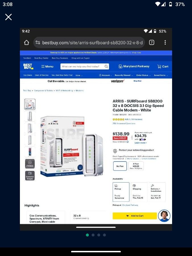 ARRIS - SURFboard SB8200 32 x 8 DOCSIS 3.1 Gig-Speed Cable Modem - White