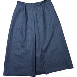 Vintage-Style Navy Herringbone A-Line Midi Skirt – Size 12