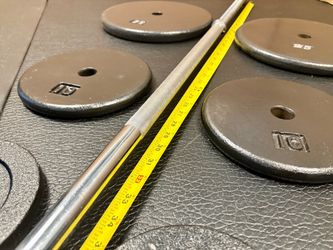 Standard 6 ft Gently Used Bar ( Split in 2 pieces) with pair of Cast Iron Plates of 25#, 10# and 5 pounders. Brute Weight: 100 #