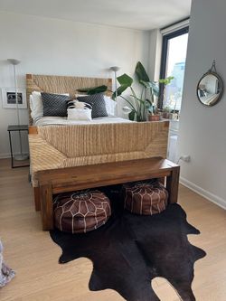 Natural woven rope teak bed from Noir Furniture Rustic bench and 2 morrocan ottomans