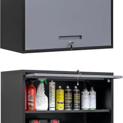 🥨Wall Storage Cabinet，21.6'' Tall Hanging Metal Garage Cabinet with Flip-Up Door, Lockable Tool Cabinet for Home Office Basement, Black&Grey