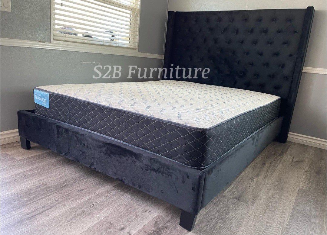 Queen Black Chanelle Wingback Bed With Ortho Matres!