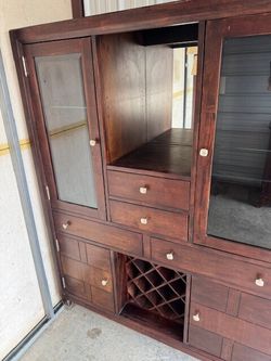 Vintage Wooden Display Cabinet with Glass Doors and Wine Rack