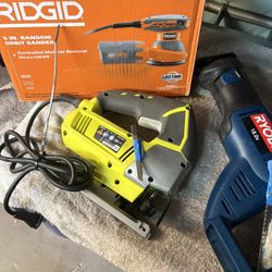 Tool Bundle—New Unused Ridgid Orbital Sander Kit(R26011), New Ryobi Jig Saw (JS 481LG), Ryobi 18 V Sawzall, Saw Blades