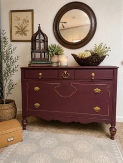 Vintage dresser,, low boy,, plum/burgundy with gold trim