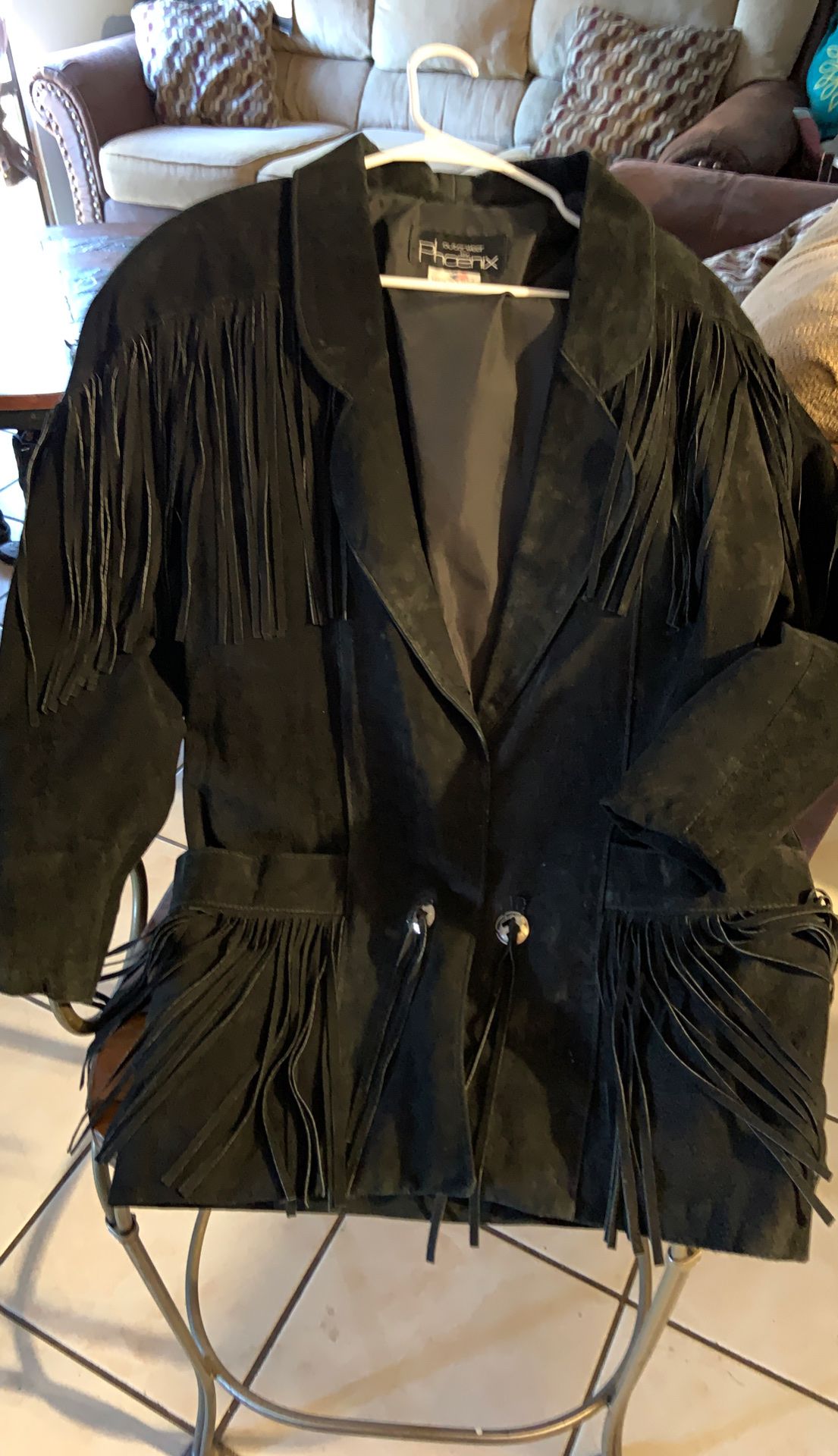 Ladies black leather fringe jacket