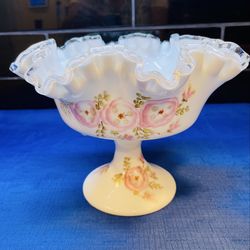 Beautiful hand painted Fenton pedestal compote “ Silver Crest” line