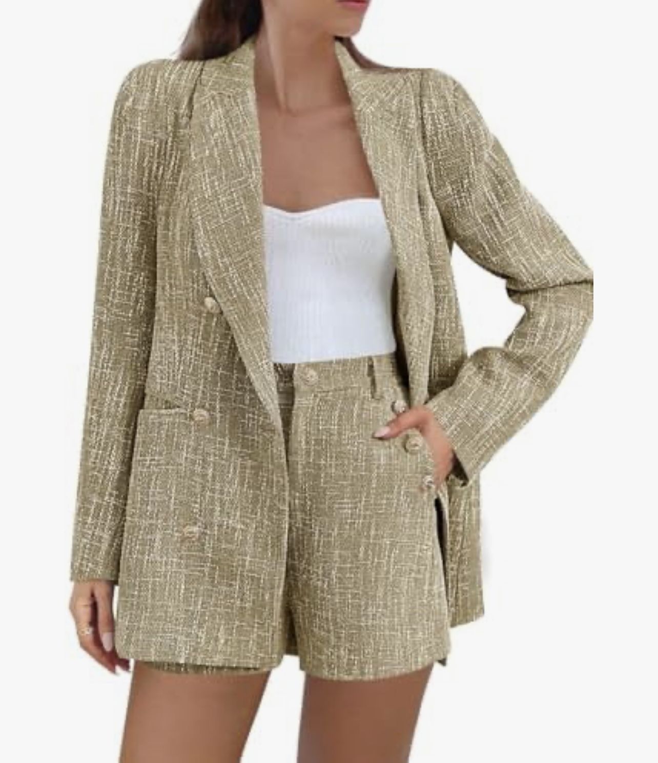 New CICY BELL Tweed Blazer Shorts Set Long Sleeve Double Breasted Suit Brown XL NEW