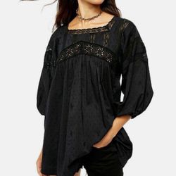 $128 Free People Azelea Washed Lace Black Tunic