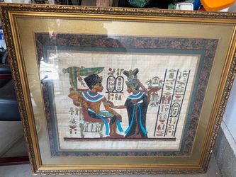 “Large Framed Egyptian Papyrus Artwork with Hieroglyphics – Ornate Gold Frame