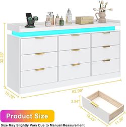 9 Drawer Dresser for Bedroom, White Dresser with LED Lights and Charging Station, Modern Chest of Drawer, Wood Triple Wide Drawer Organizer Cabinet fo