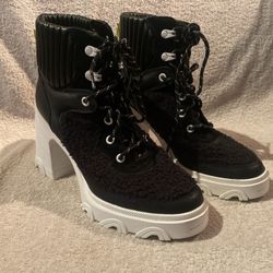 Sorel Brex Heel Cozy Lace Up Boots Black White Women’s Size 8