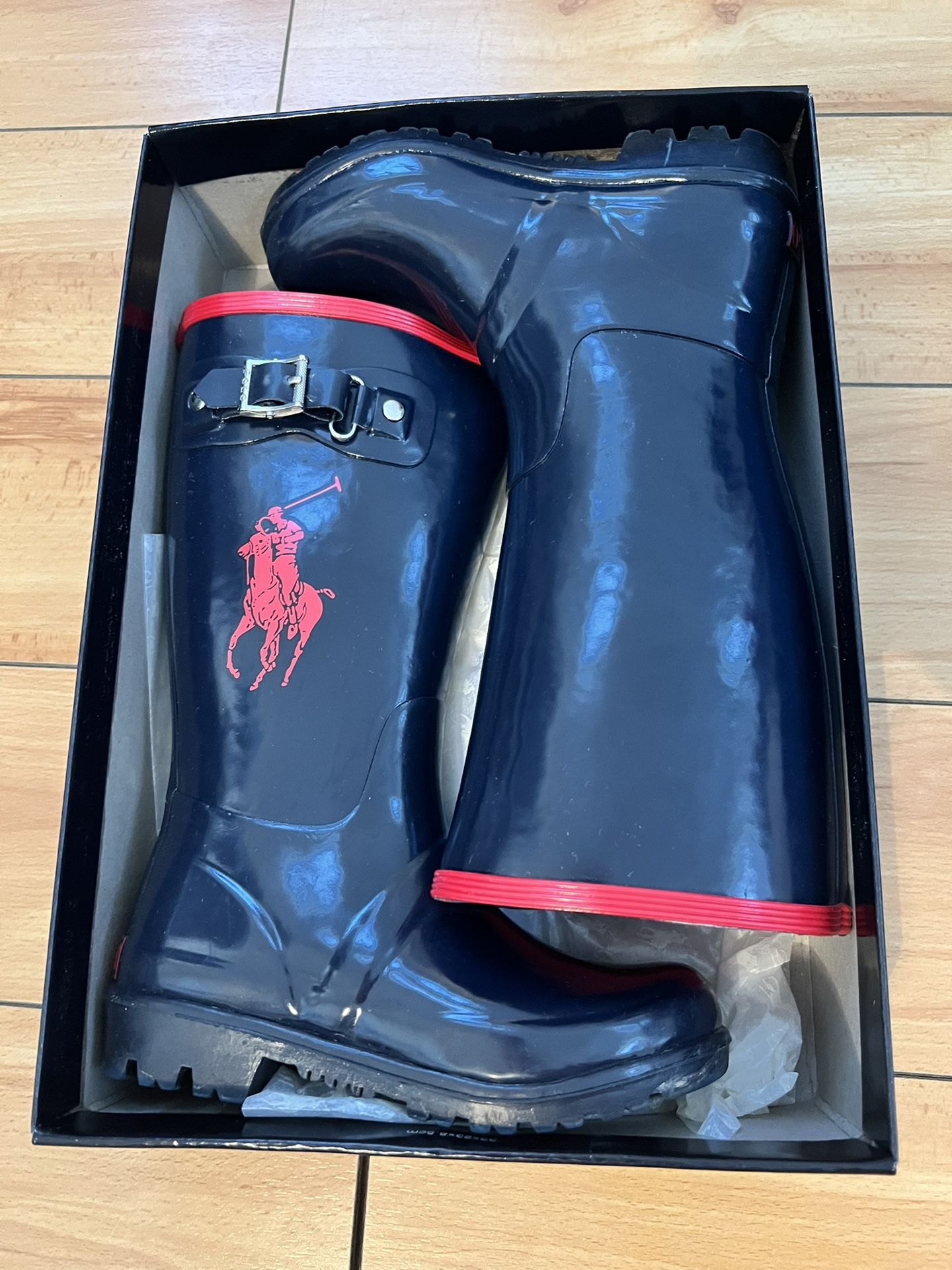 Girls Navy Blue And Red Polo Rain Boots 