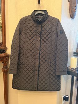 Ralph Lauren Women Olive Quilted Faux Leather Trim Long Puffer Coat Size Medium