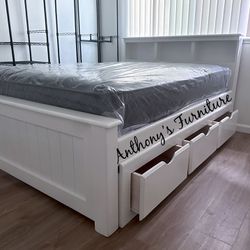 New White Solid Wood Frame & Bamboo Mattress + Drawers 