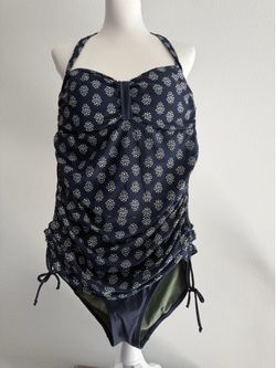 NWT Moontide Bandeau Tankini Swimsuit Navy White Print Size 12 US 8