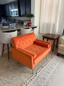 Cream leather sofa ,Orange Velvet Tufted Loveseat with Gold Legs