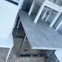 Dining Table, 4 White Chairs, 2 White Barstools, 2 White End Tables . 