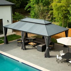 14'x20' Hardtop Gazebo with Resin Roof, Outdoor Metal Gazebo with Drainage Gutters, Permanent Heavy Duty Pavilion for Patio, Backyard and Deck, Curtai