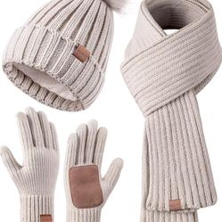 Winter Beanie Hat Scarf Gloves Set for Women, Womens Beanie with Pom Pom Long Scarf Neck Warmer Touchscreen Gloves 3 in 1 Set