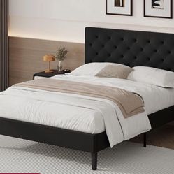 Queen Size Black Button Tufted Leather Platform Bed Frame
