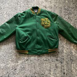 Green & Gold Leather Wool Varsity Letterman Jacket Mens Size XXL NS Mecca VGC