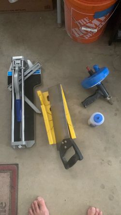 Mixed Tool Lot – Tile Cutter, Hand Saw, Miter Box