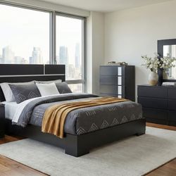 Black 4pc BEDROOM SET 🔥 Juego De Cuarto Negro 