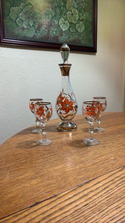 Vintage  Hand painted Floral Decanter / Glass Set 