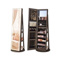 SONGMICS LED Jewelry Cabinet Standing, Lockable Armoire With Full-Length Mirror and Adjustable Lights, Space-Saving Organizer, Gift Idea, Ash Brown UJ